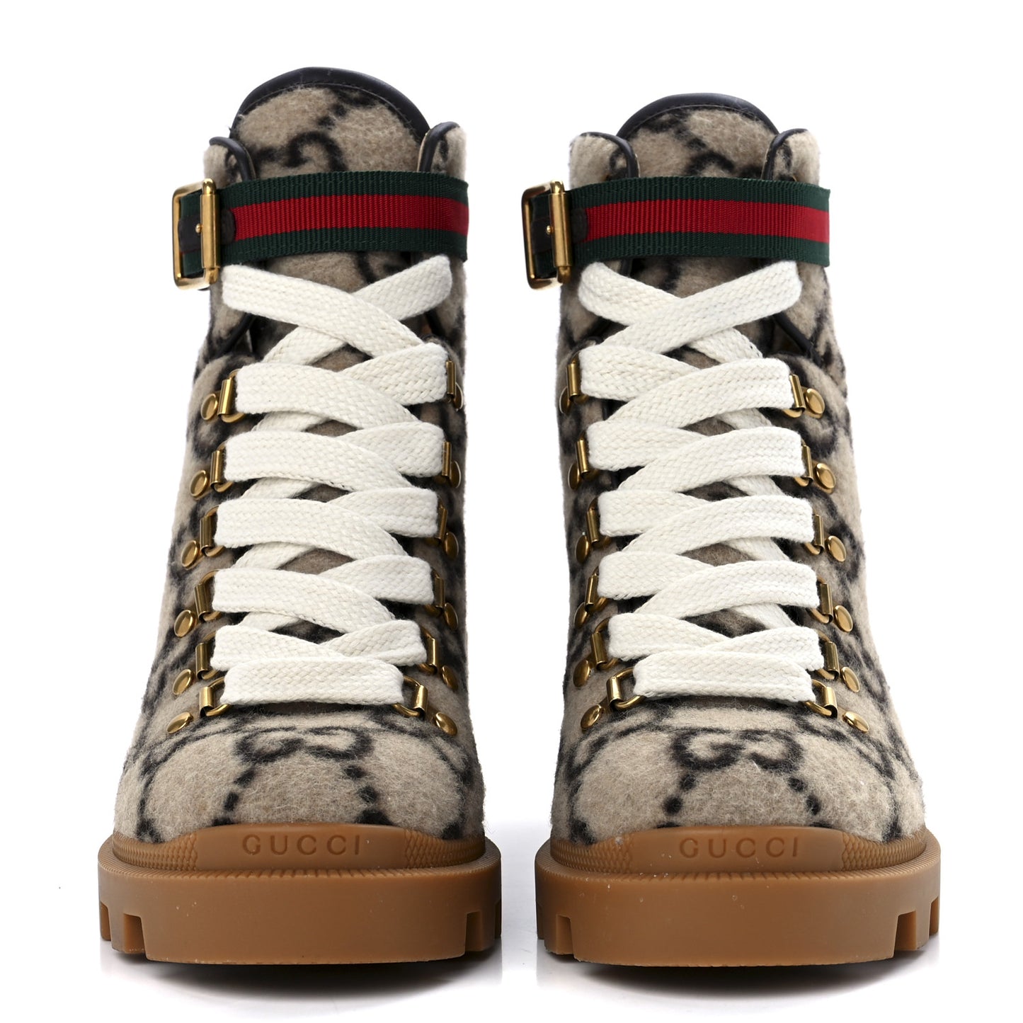 Covered Wool GG Monogram Womens Lace Up Combat Ankle Boots 35.5 Beige Ebony Cocoa