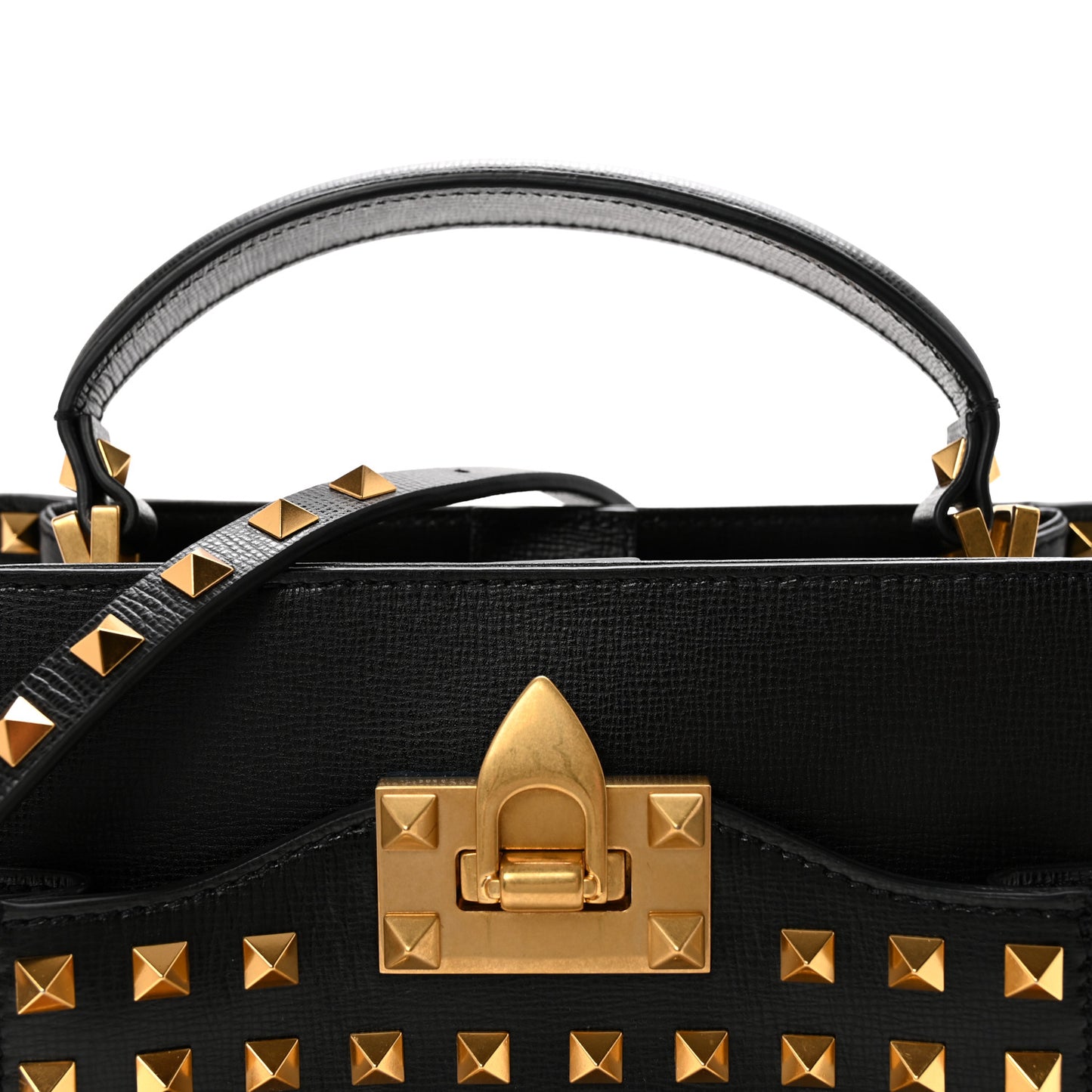 Grainy Calfskin Small Rockstud Allover Alcove Top Handle Tote Bag Black