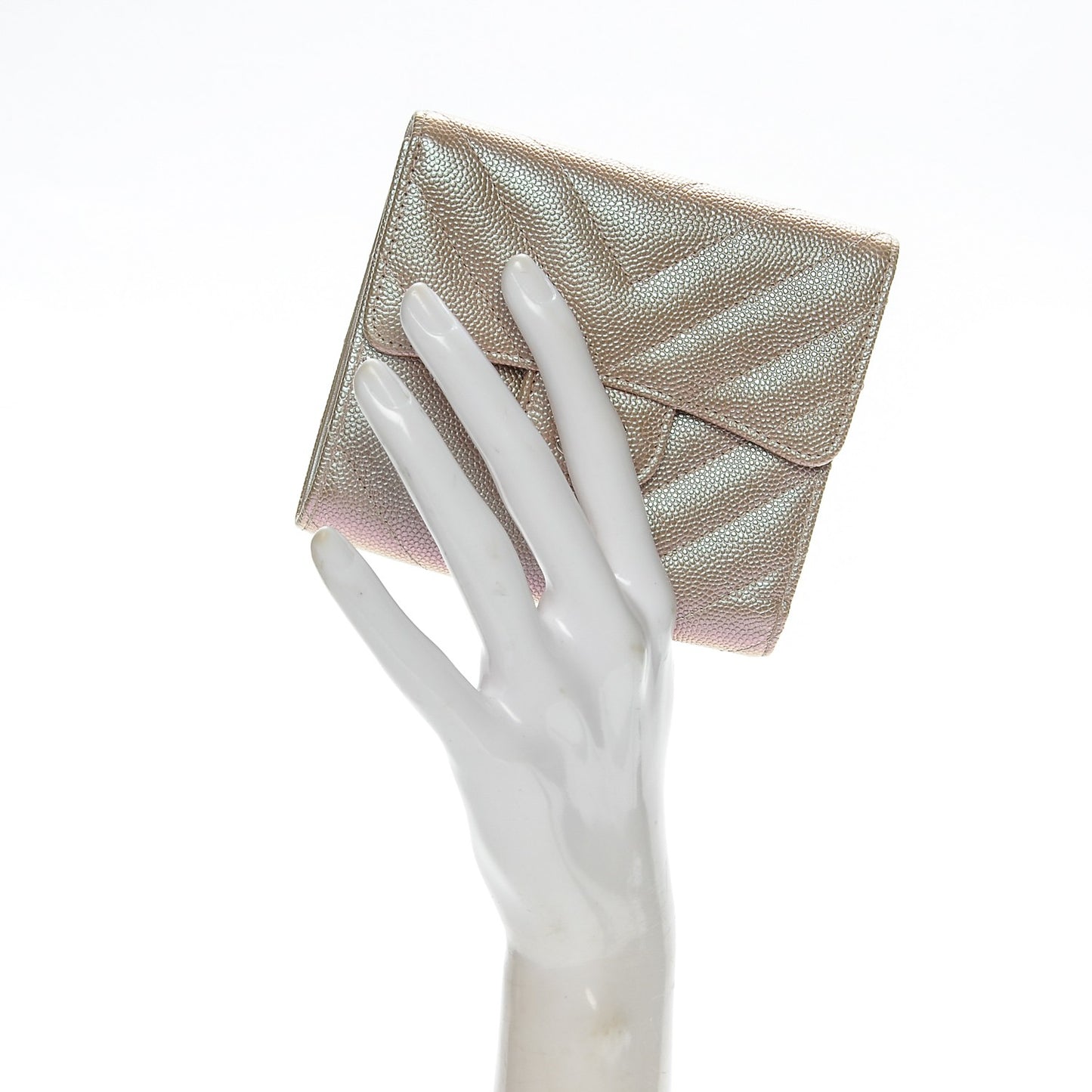 Metallic Caviar Chevron Quilted Compact Flap Wallet Light Gold