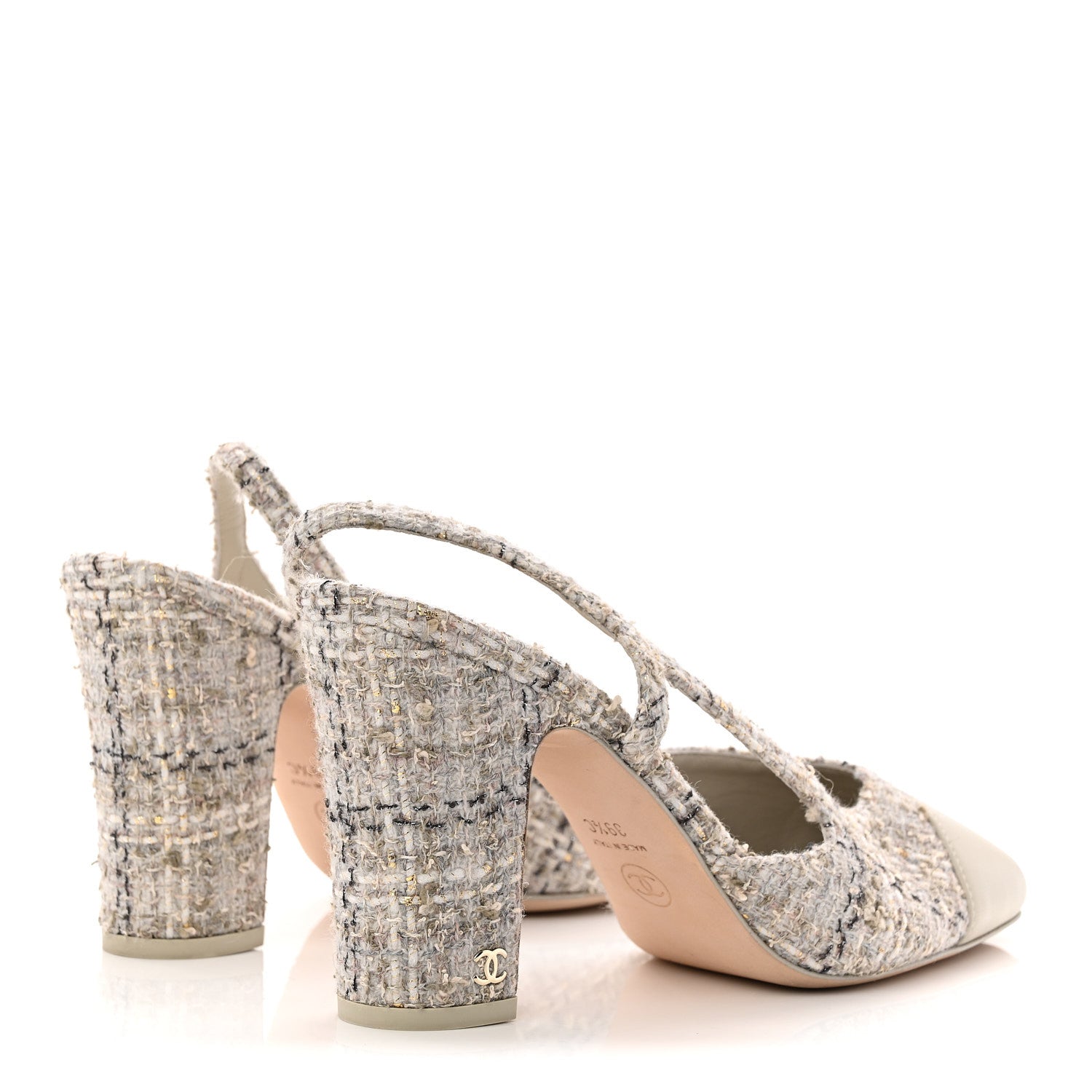 Chanel Wool Cotton Tweed Lambskin Cap Toe CC Slingback Pumps 39.5 Grey Black Gold 5 of 10