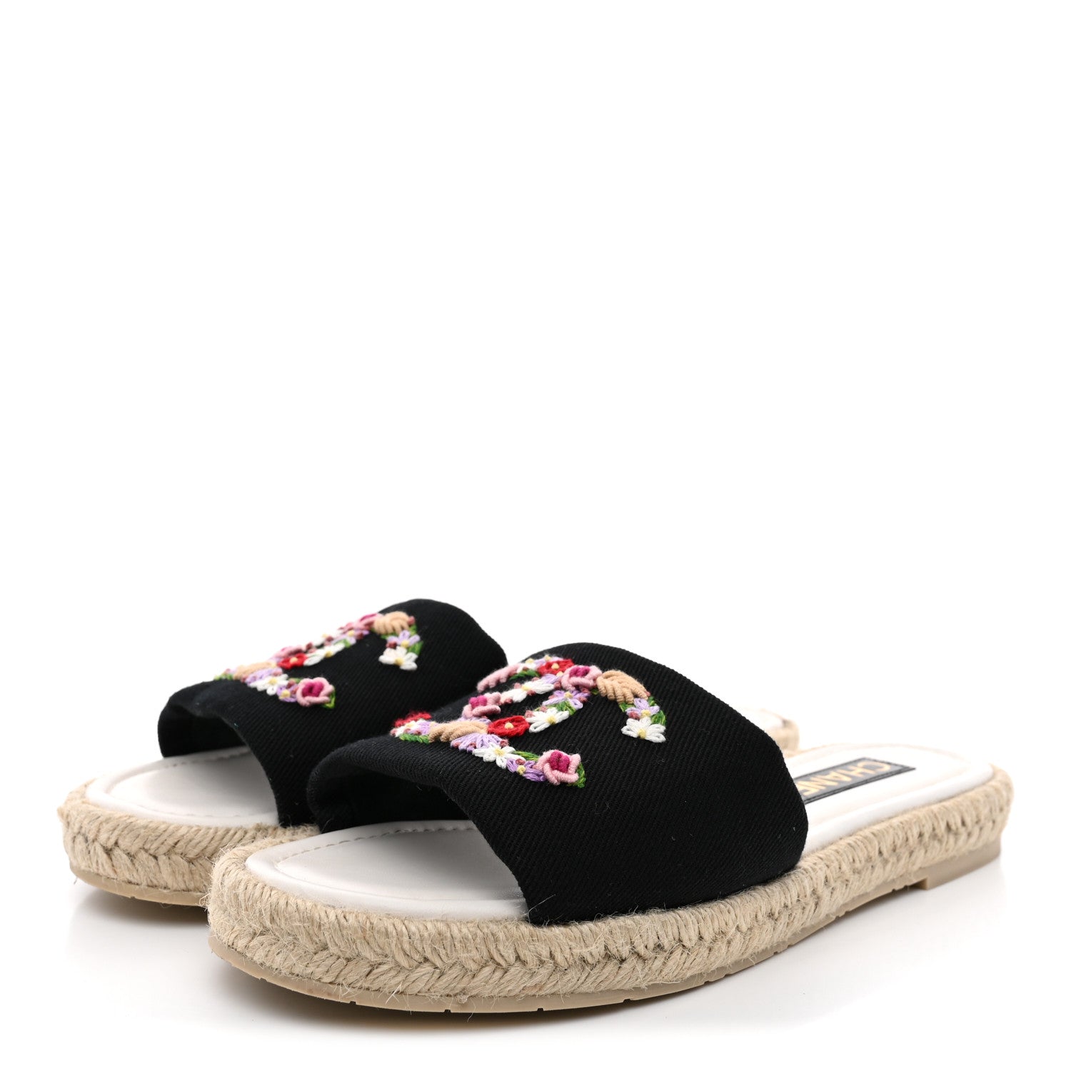 Chanel Canvas Embroidered CC Floral Espadrille Slip On Sandals 39 Black Multicolor 4 of 11