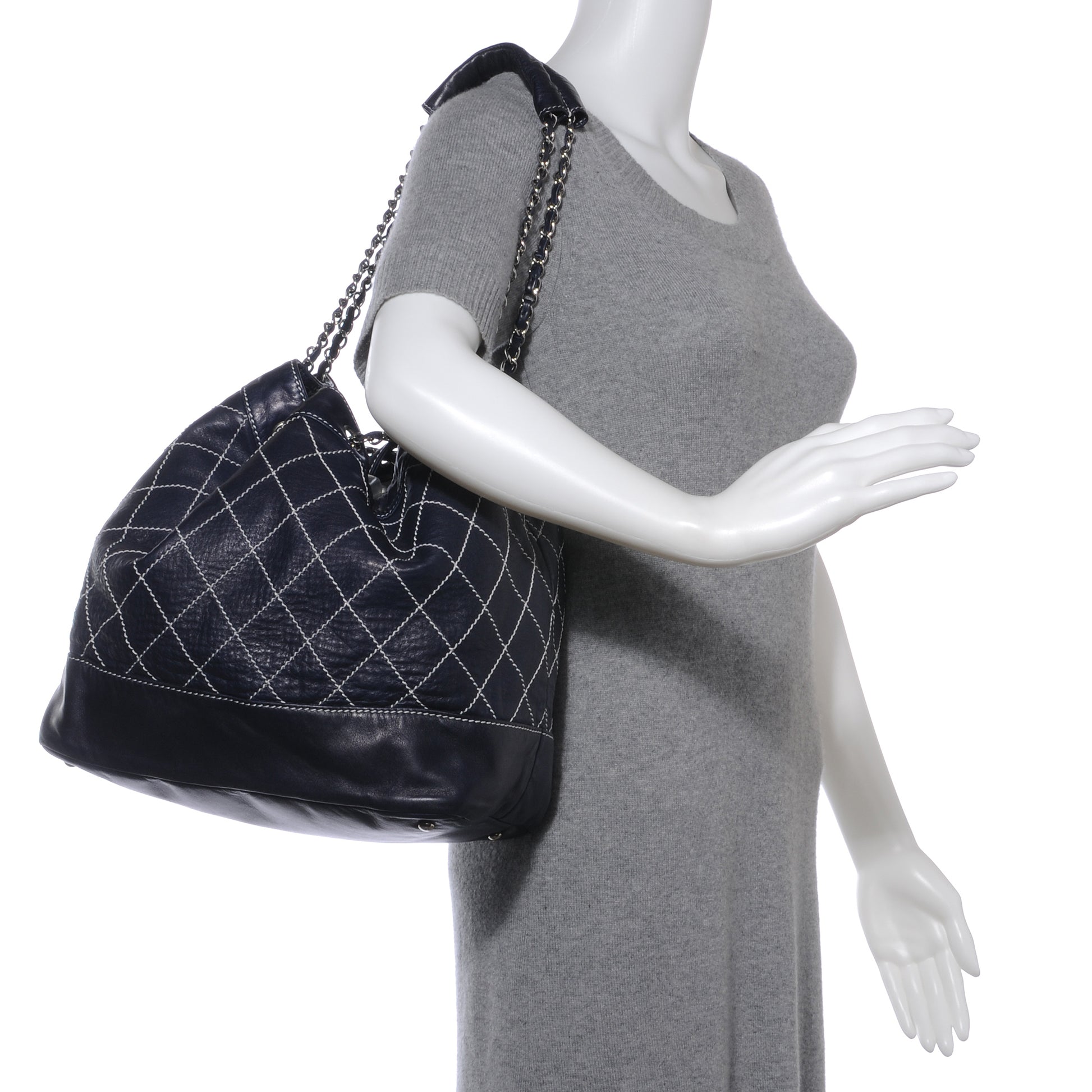 Chanel Leather Contrast Stitch Drawstring Tote Navy 2 of 9