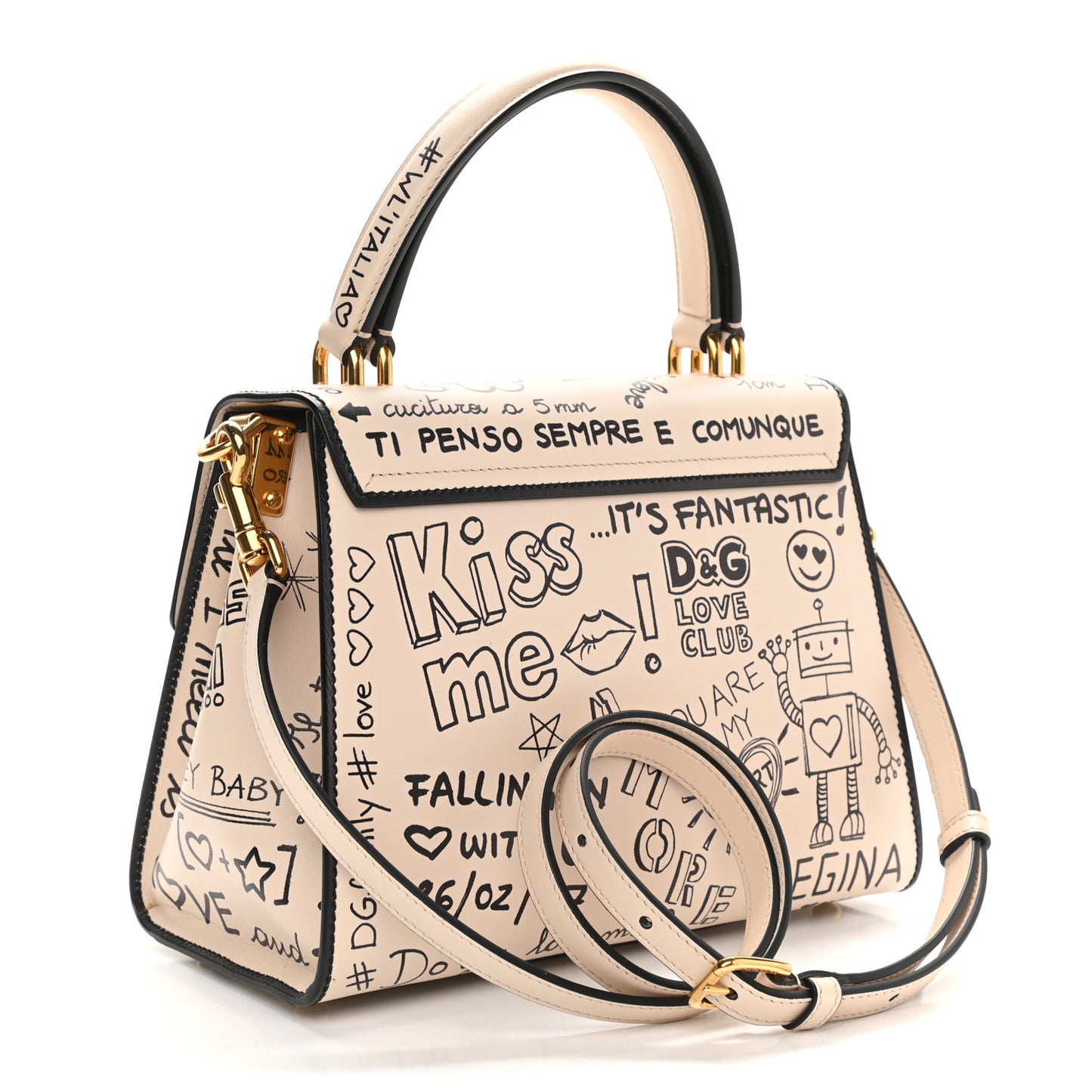 Calfskin Graffiti Printed Welcome Satchel White Black