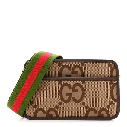 Gucci Monogram Jumbo GG Textured Dollar Calfskin Web Mini Crossbody Bag Camel Ebony New Acero 1 of 11