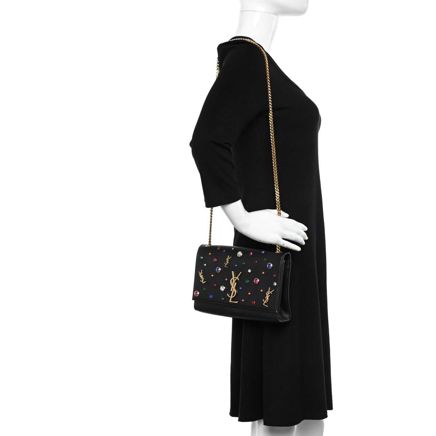 Calfskin Crystal Medium Monogram Kate Satchel Black