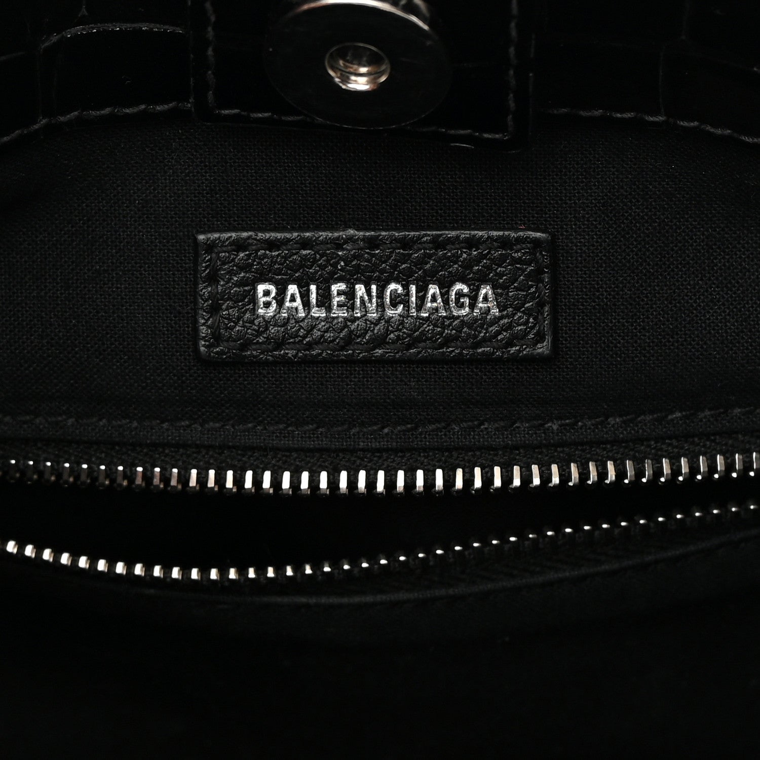Balenciaga Shiny Calfskin Logo Crocodile Embossed North South Shopper Tote XXS Black White 6 of 15