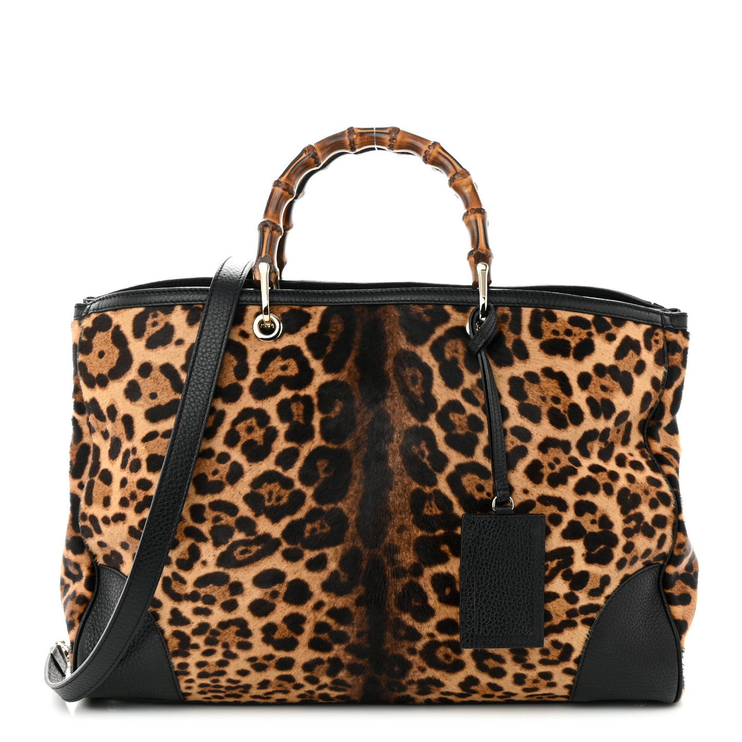 Calf Hair Leopard Print Large Bamboo Shopper Tote Black