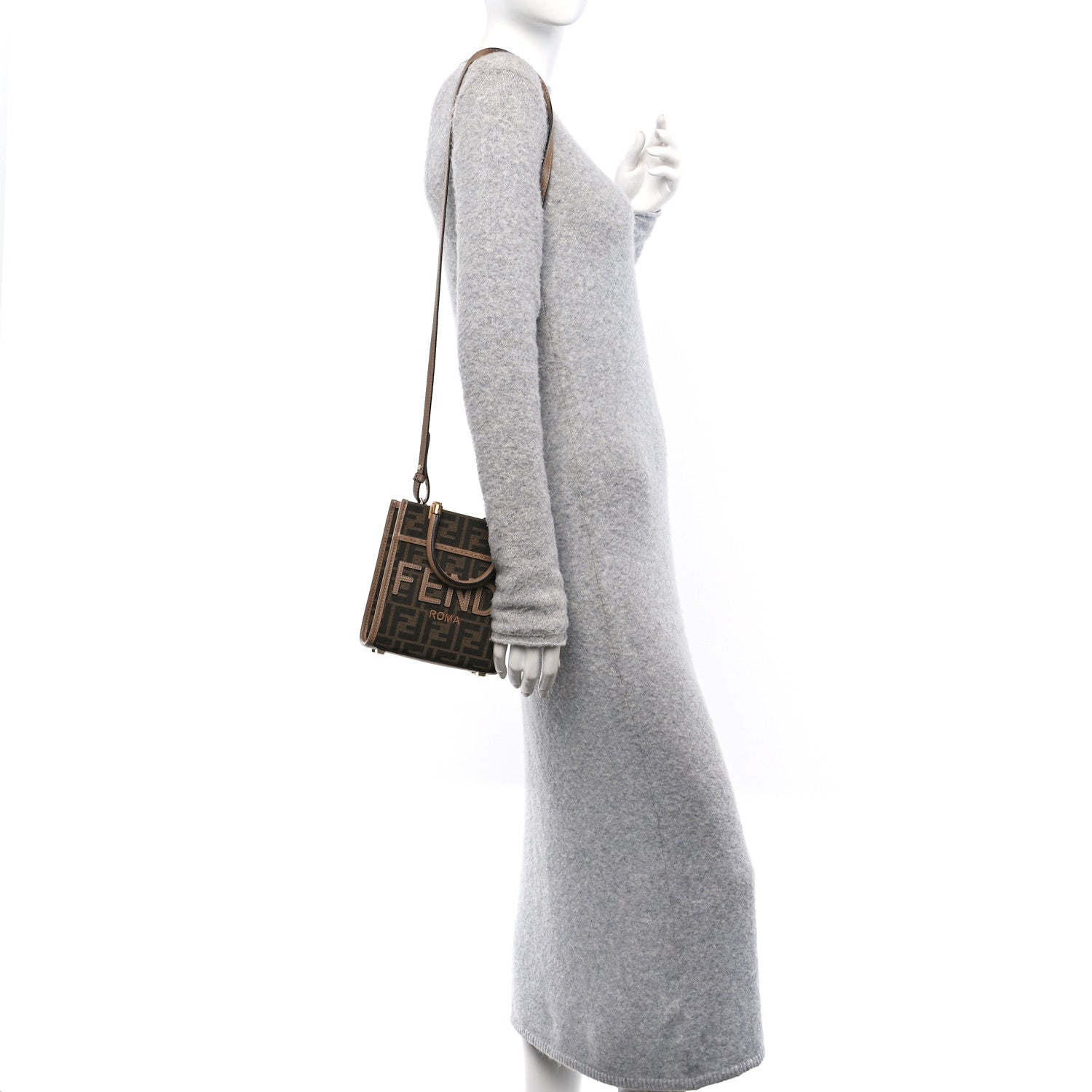 Fendi Fabric Jacquard Vitello Grace FF 1974 Logo Mini Sunshine Shopper Tobacco Moro Sand 2 of 10