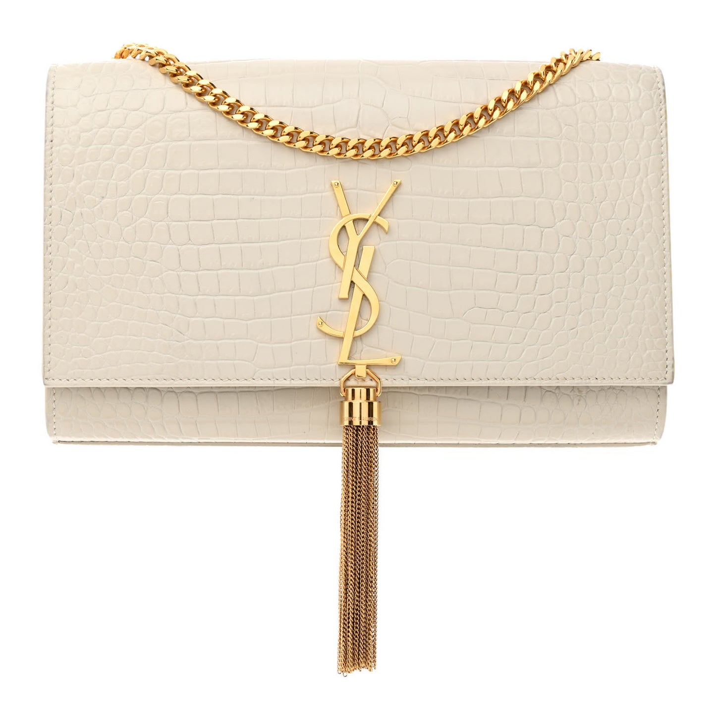Calfskin Crocodile Embossed Medium Classic Monogram Kate Tassel Satchel Crema Soft