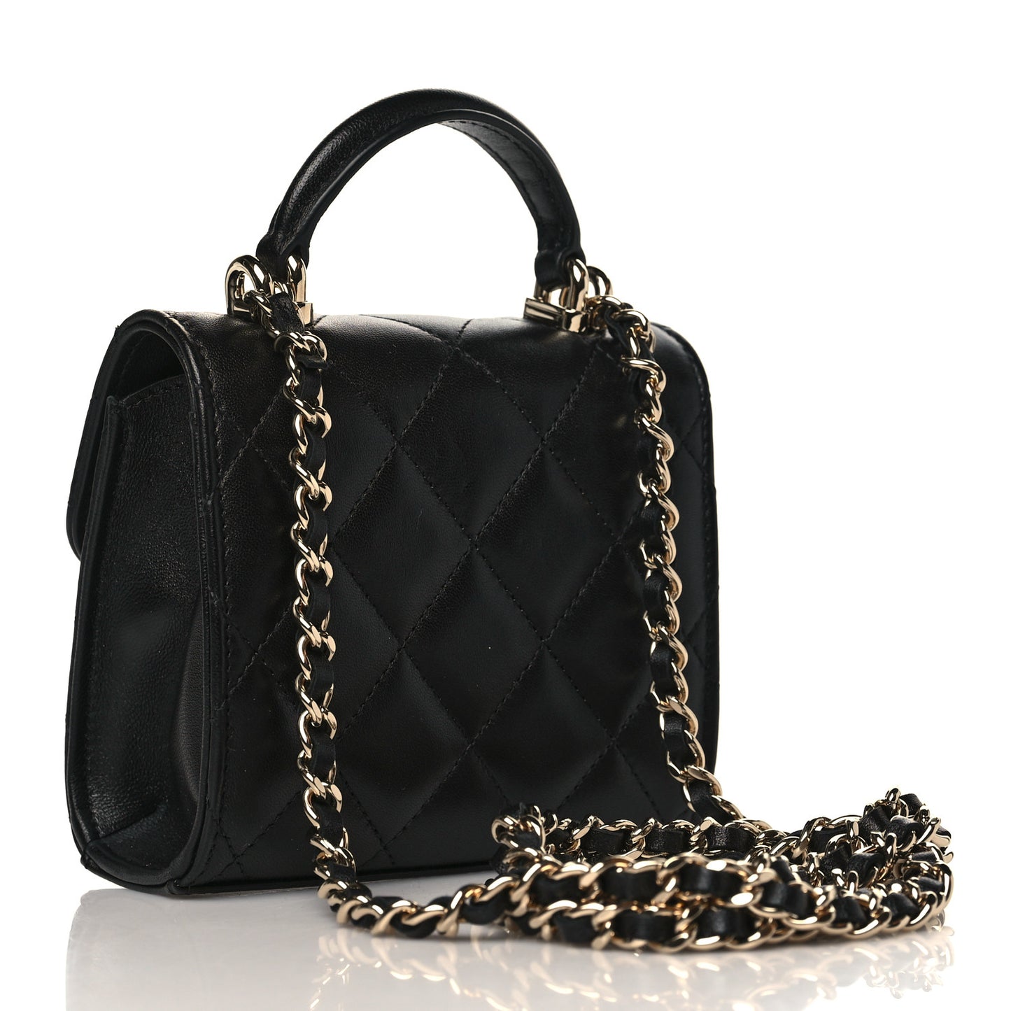 Lambskin Quilted Top Handle Flap Clutch With Chain Black