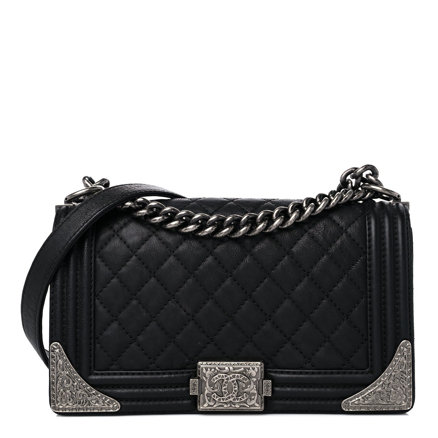 Calfskin Quilted Metal Embellished Paris Dallas Medium Boy Flap Black