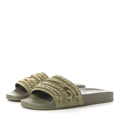 Chanel Canvas Chain Flat Sandals 40 Khaki 3 of 9