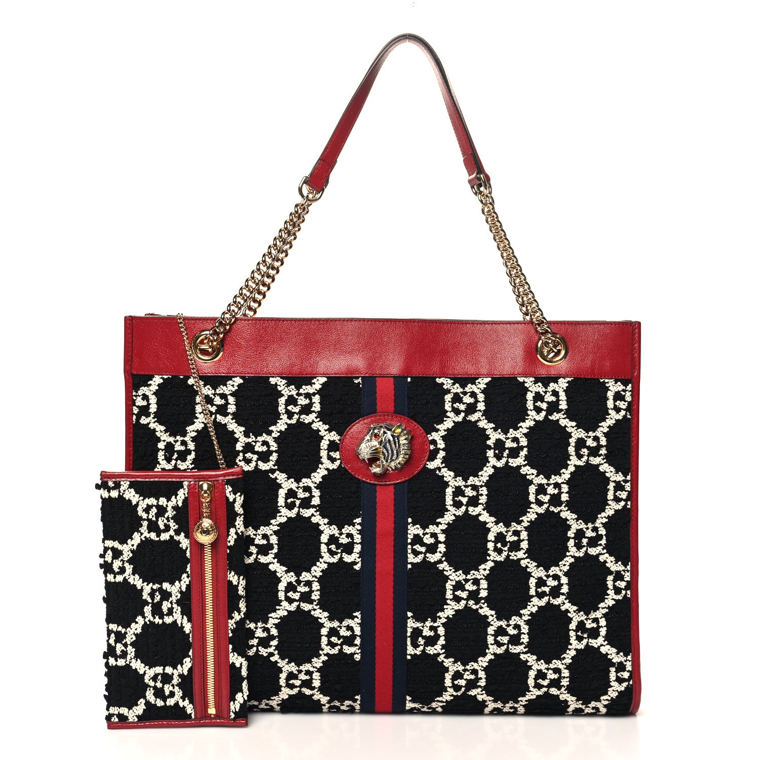 Gucci Tweed GG Monogram Large Rajah Chain Tote Romantic Cherry Black White 3 of 12