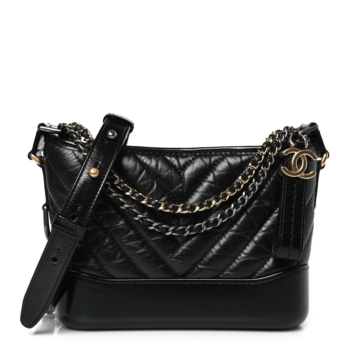 Aged Calfskin Chevron Quilted Small Gabrielle Hobo Black