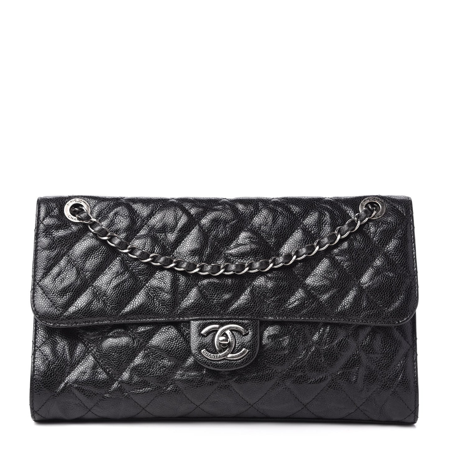 Crumpled Grained Calfskin Jumbo CC Crave Flap Black