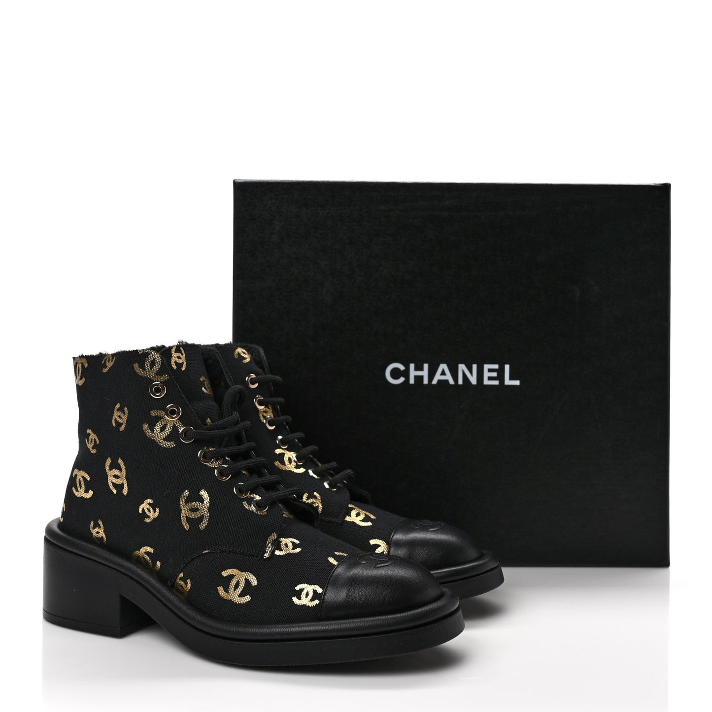 Lambskin Shearling Canvas CC Lace Up Boots 38 Black Gold