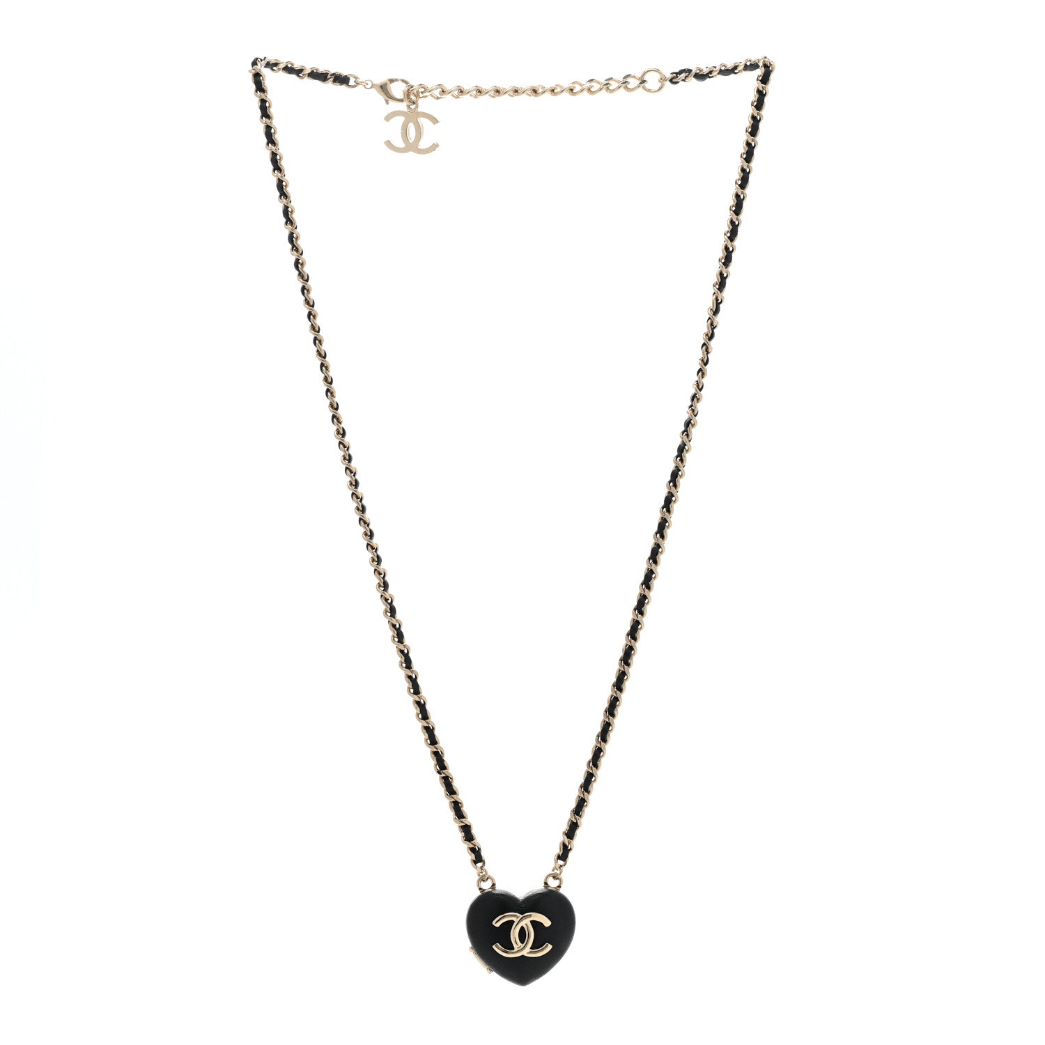 Chanel Lambskin CC Heart Mirror Locket Necklace Gold Black 3 of 7