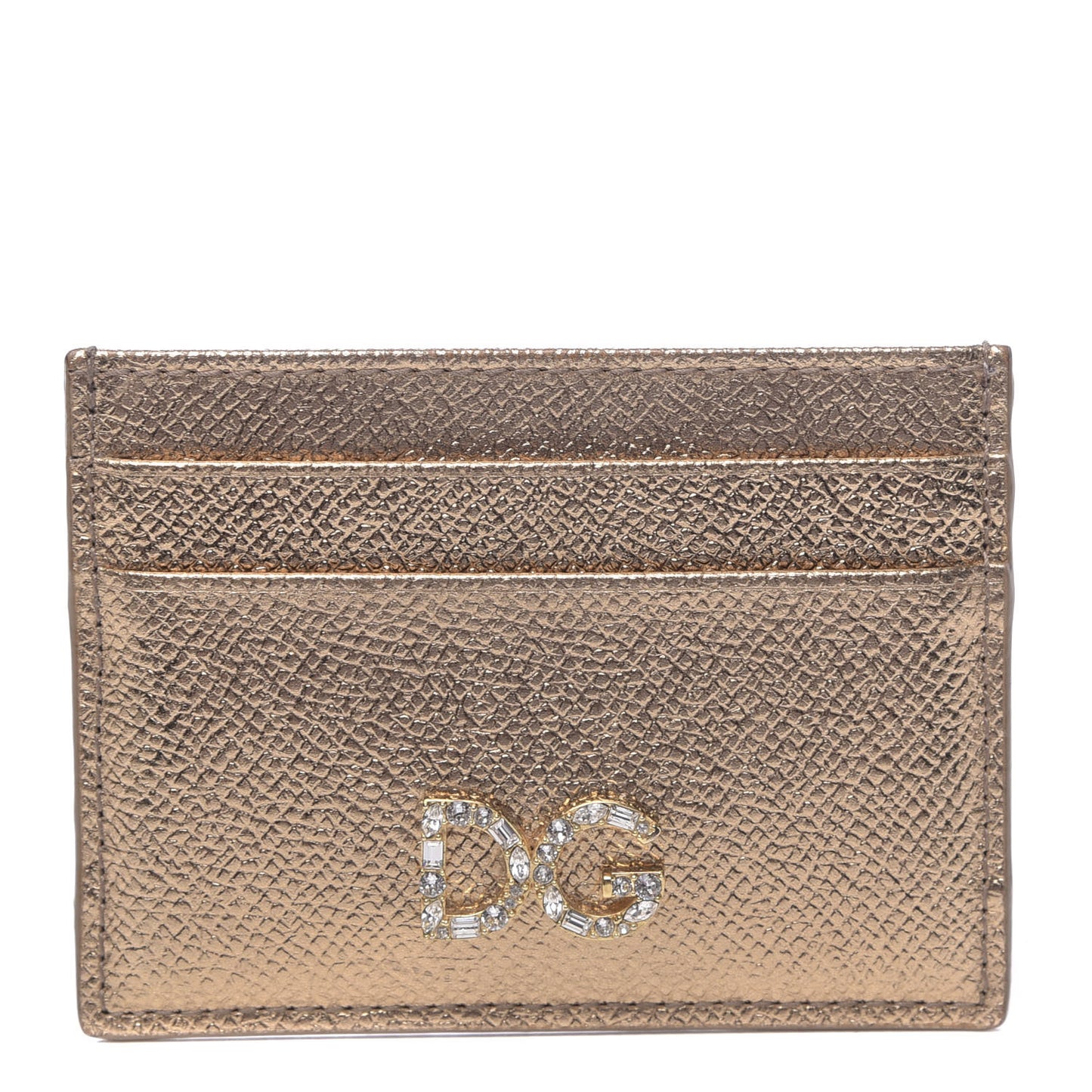 Metallic Dauphine Embellished Logo Zip Card Holder Gold