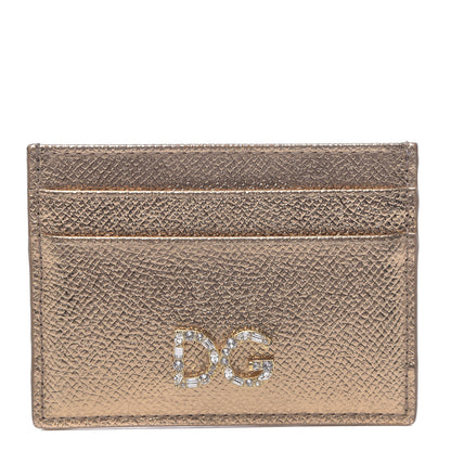 Dolce & Gabbana Metallic Dauphine Embellished Logo Zip Card Holder Gold 1 of 7
