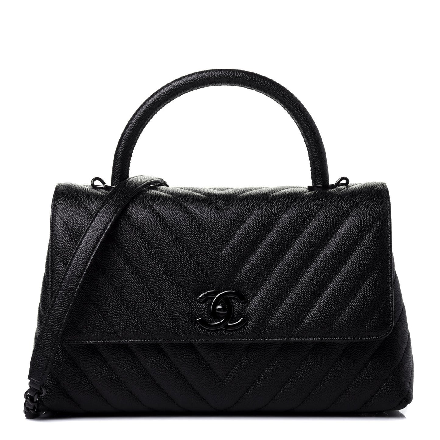 Caviar Chevron Quilted Small Coco Handle Flap So Black