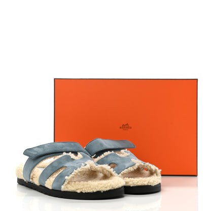 Hermes Suede Goatskin Woolskin Womens Chypre Sandals 38.5 Bleu Pinede Ecru 8 of 8