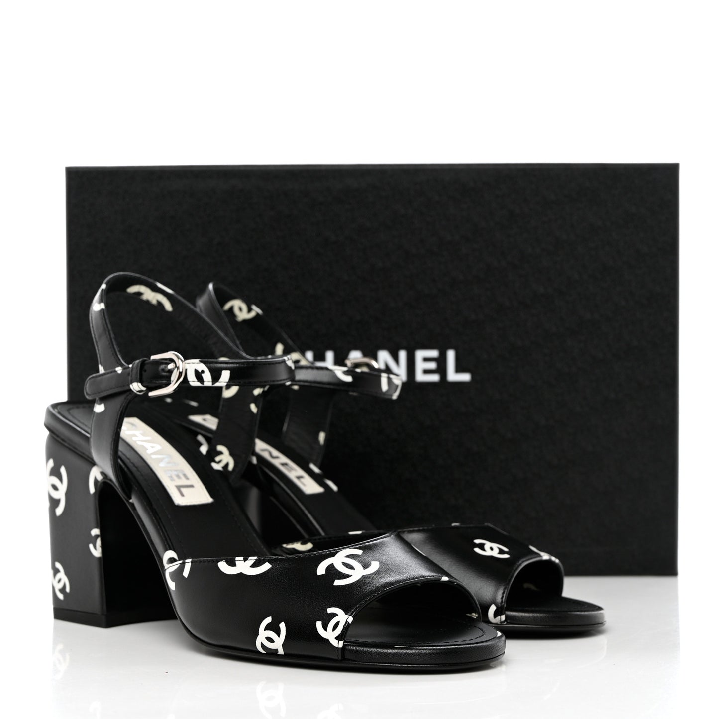 Printed Lambskin CC Sandals 37.5 Black White