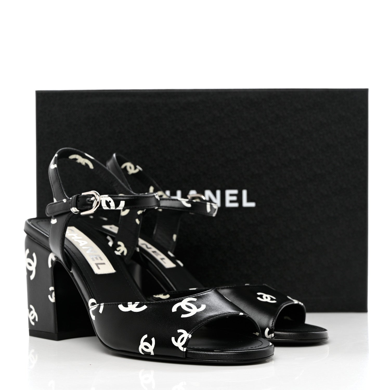 Chanel Printed Lambskin CC Sandals 37.5 Black White 9 of 9