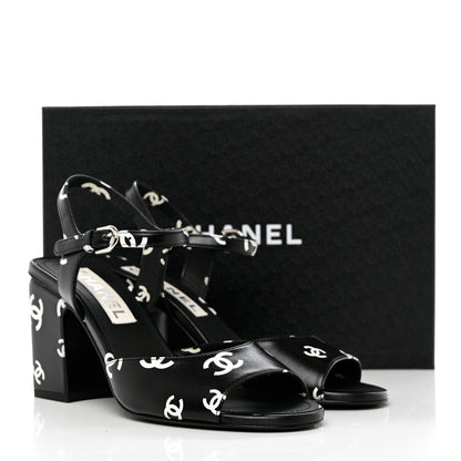 Chanel Printed Lambskin CC Sandals 37.5 Black White 9 of 9
