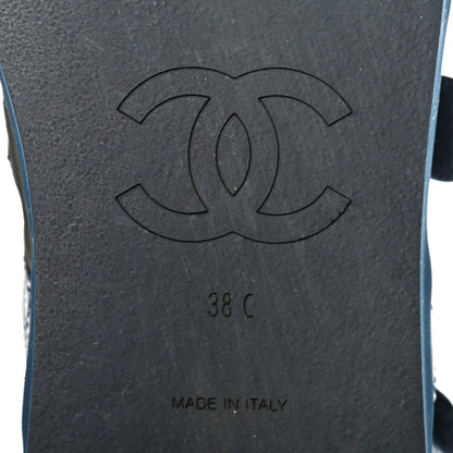 Chanel Goatskin Fabric Gladiator Sandals 38 Navy Blue Light Grey Yellow 6 of 8