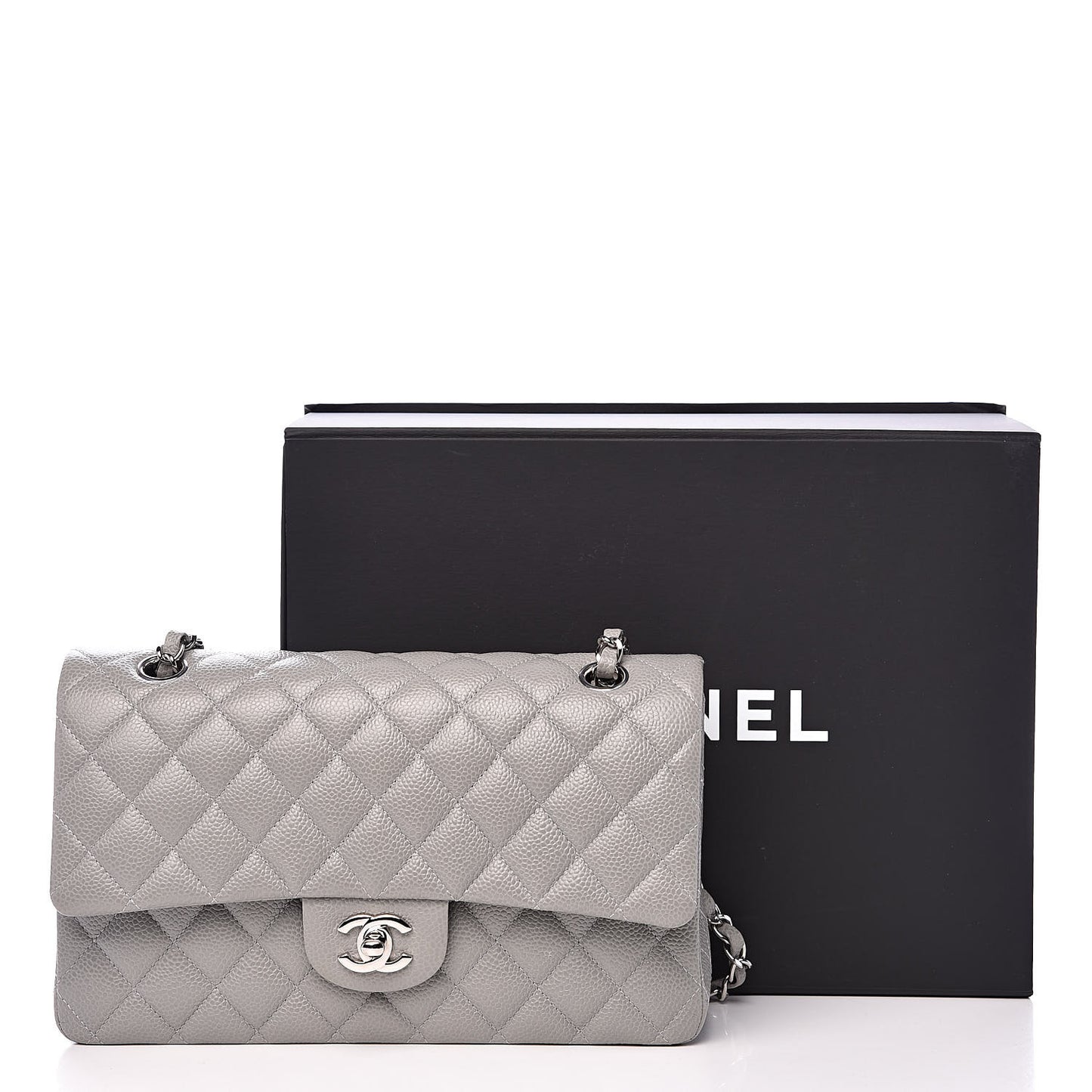 Caviar Quilted Medium Double Flap Grey