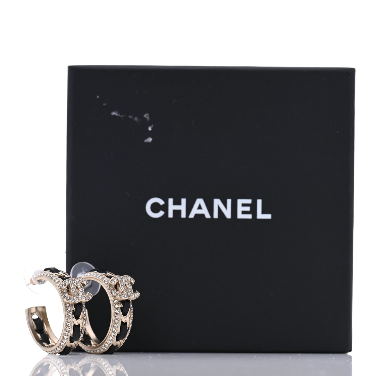 Chanel Crystal Lambskin CC Chain Hoop Earrings Gold Black 5 of 5