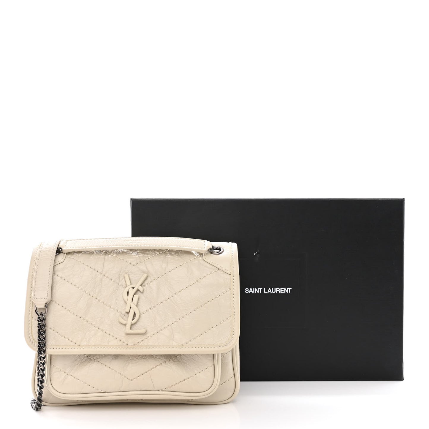 Crinkled Calfskin Matelasse Monogram Baby Niki Chain Satchel Ivory