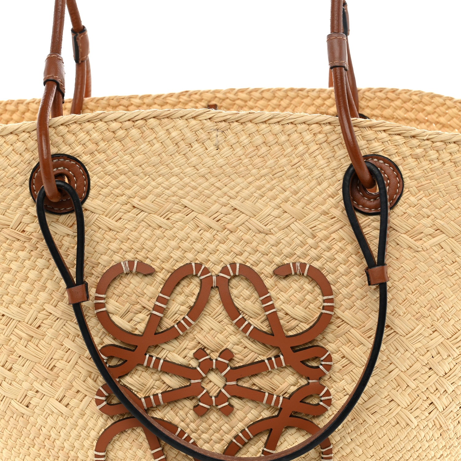 Loewe Calfskin Raffia Paulas Ibiza Medium Anagram Basket Tote Bag Natural Tan 8 of 11