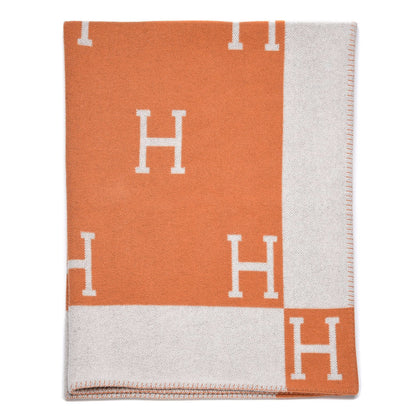 Hermes Wool Cashmere Signature Classic Avalon Blanket Ecru Potiron 1 of 3