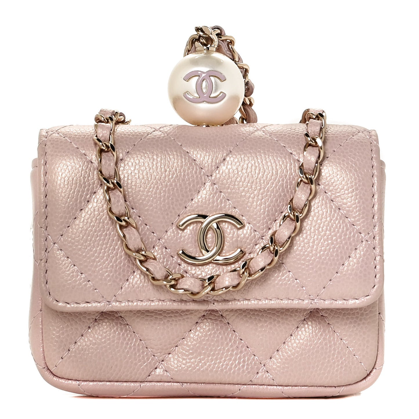 Iridescent Caviar Quilted Pearl On Top Coin Purse With Chain Light Pink