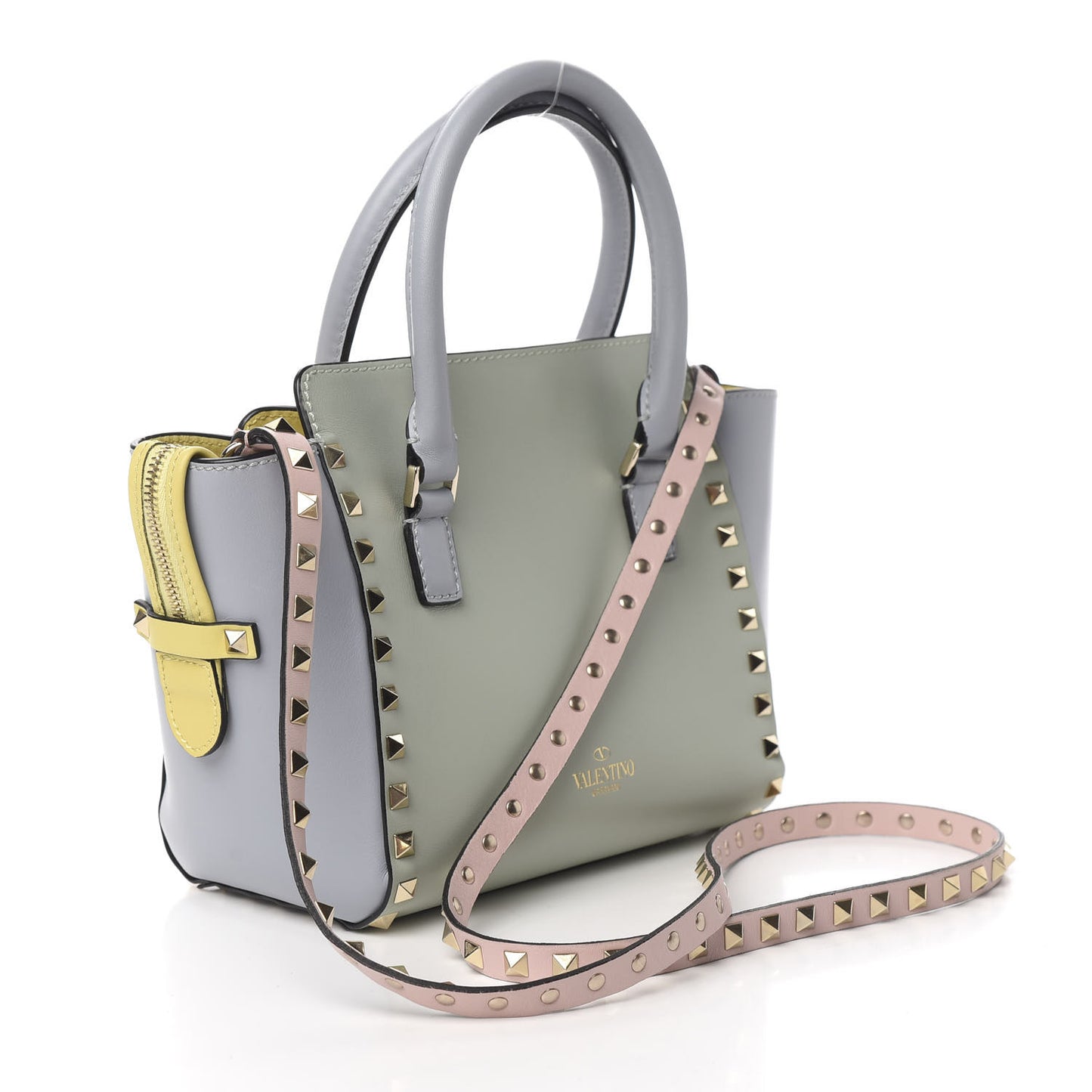 Vitello Watercolor Mini Rockstud Double Handle Tote Rose Green Yellow Sky