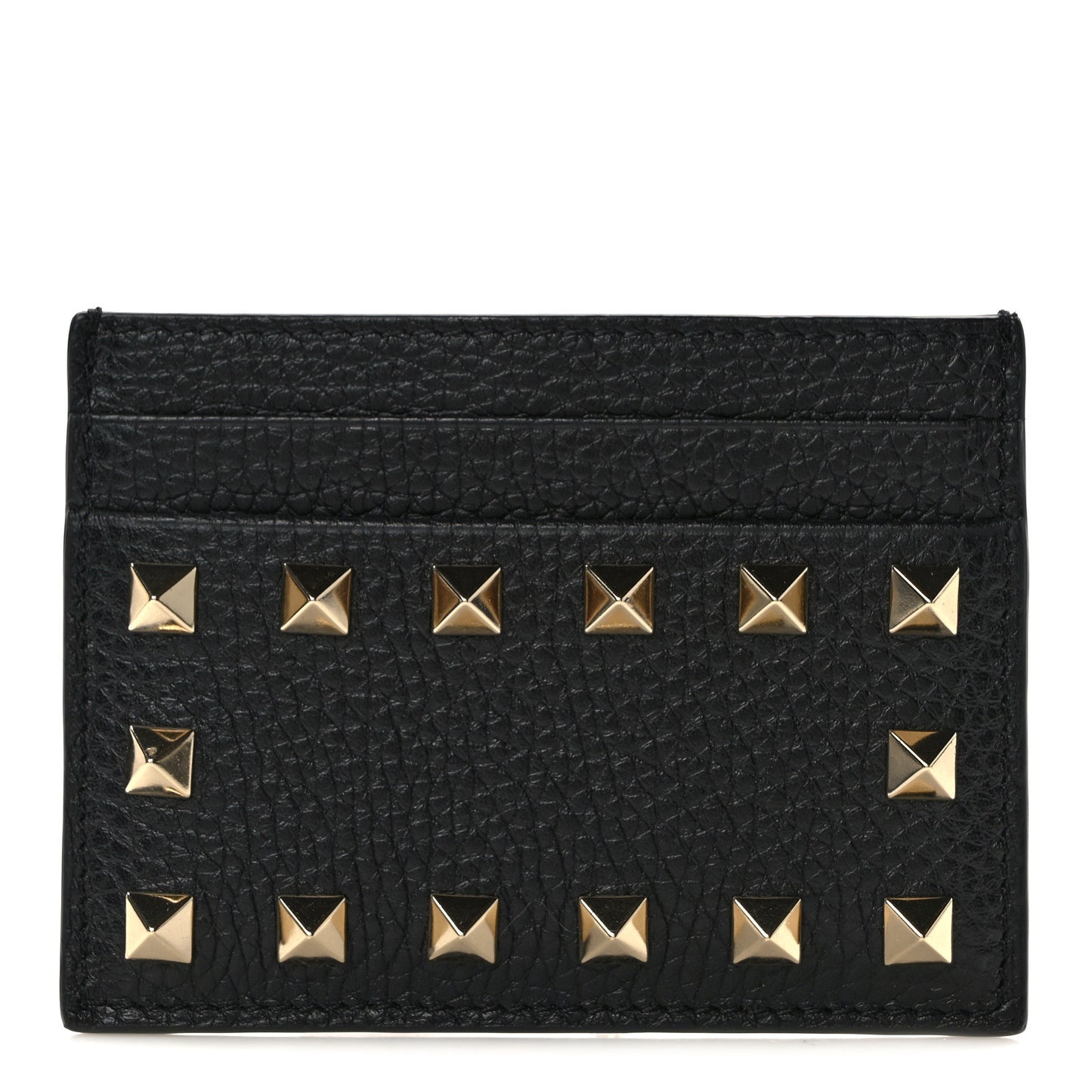 Pebbled Calfskin Rockstud Card Holder Black