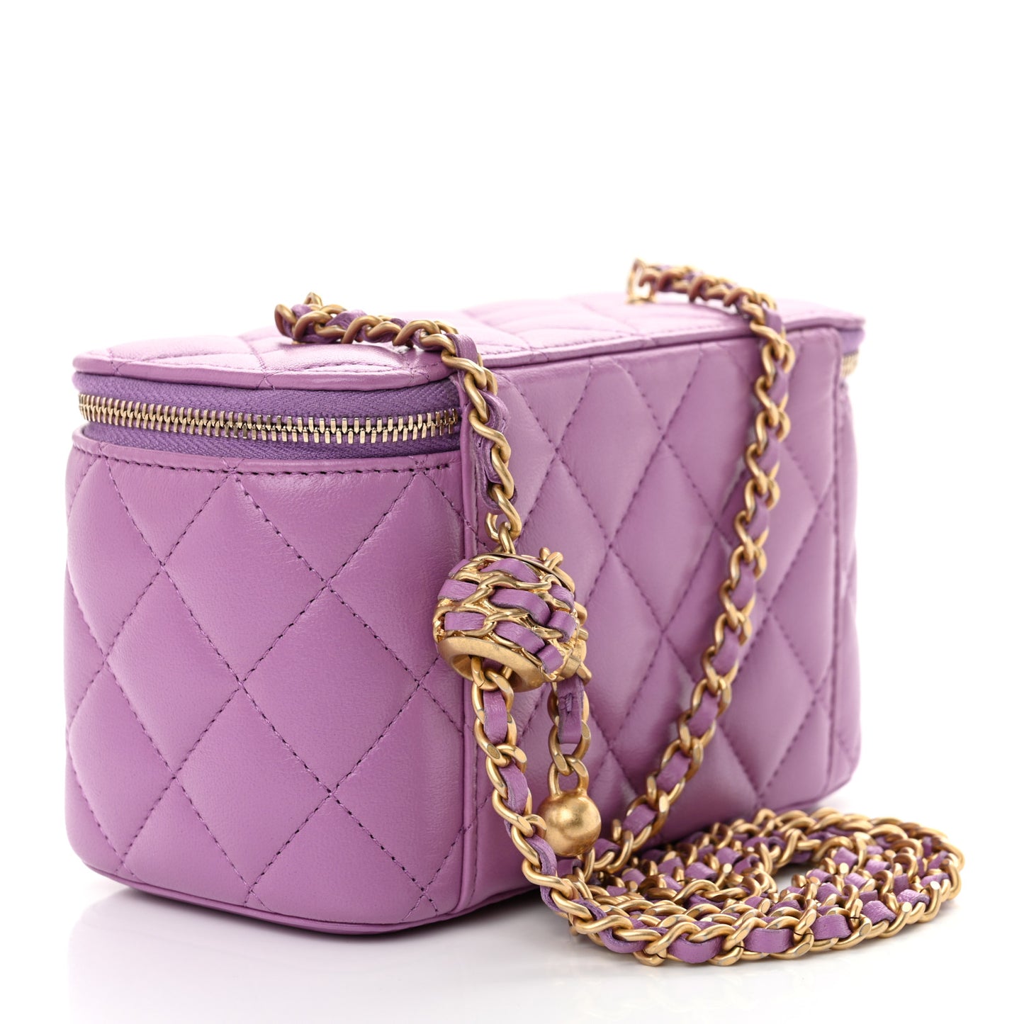 Lambskin Quilted Pearl Crush Small Vanity Case With Chain Purple