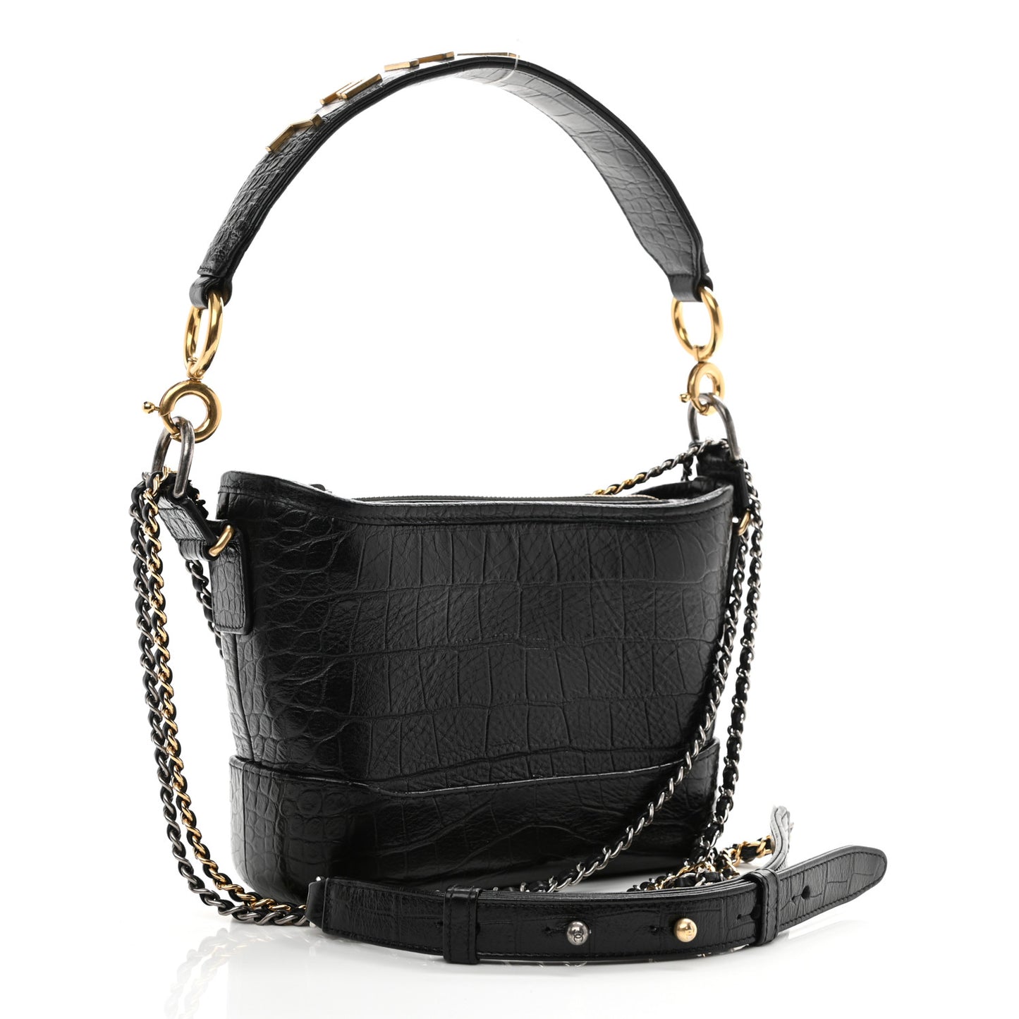 Calfskin Crocodile Embossed Small Gabrielle Cocodile Hobo Black