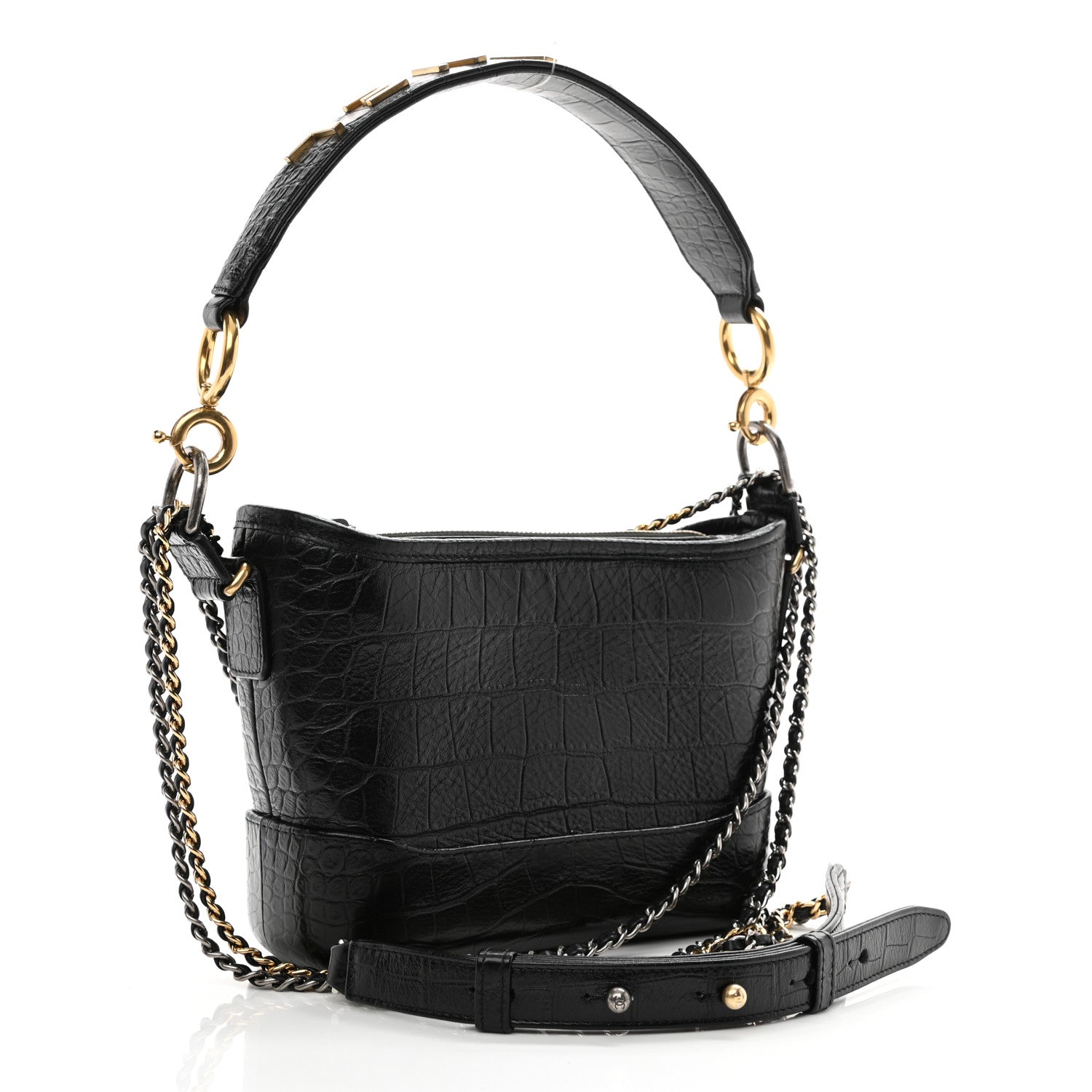 Chanel Calfskin Crocodile Embossed Small Gabrielle Cocodile Hobo Black 3 of 9