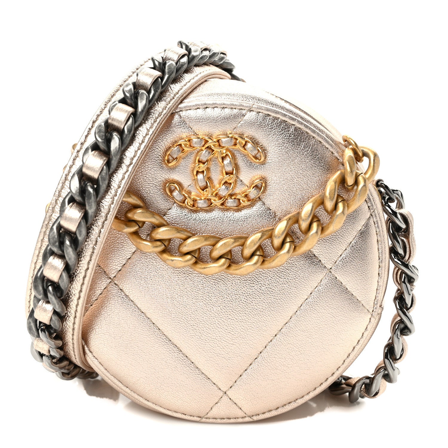 Chanel Metallic Lambskin Quilted Chanel 19 Round Clutch With Chain Gold 1 of 9