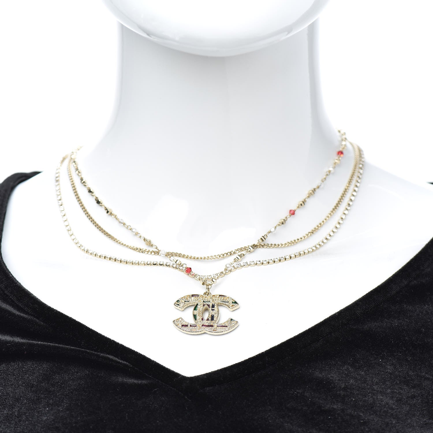 Chanel Pearl Large CC Pendant Necklace Gold Green Red 2 of 4
