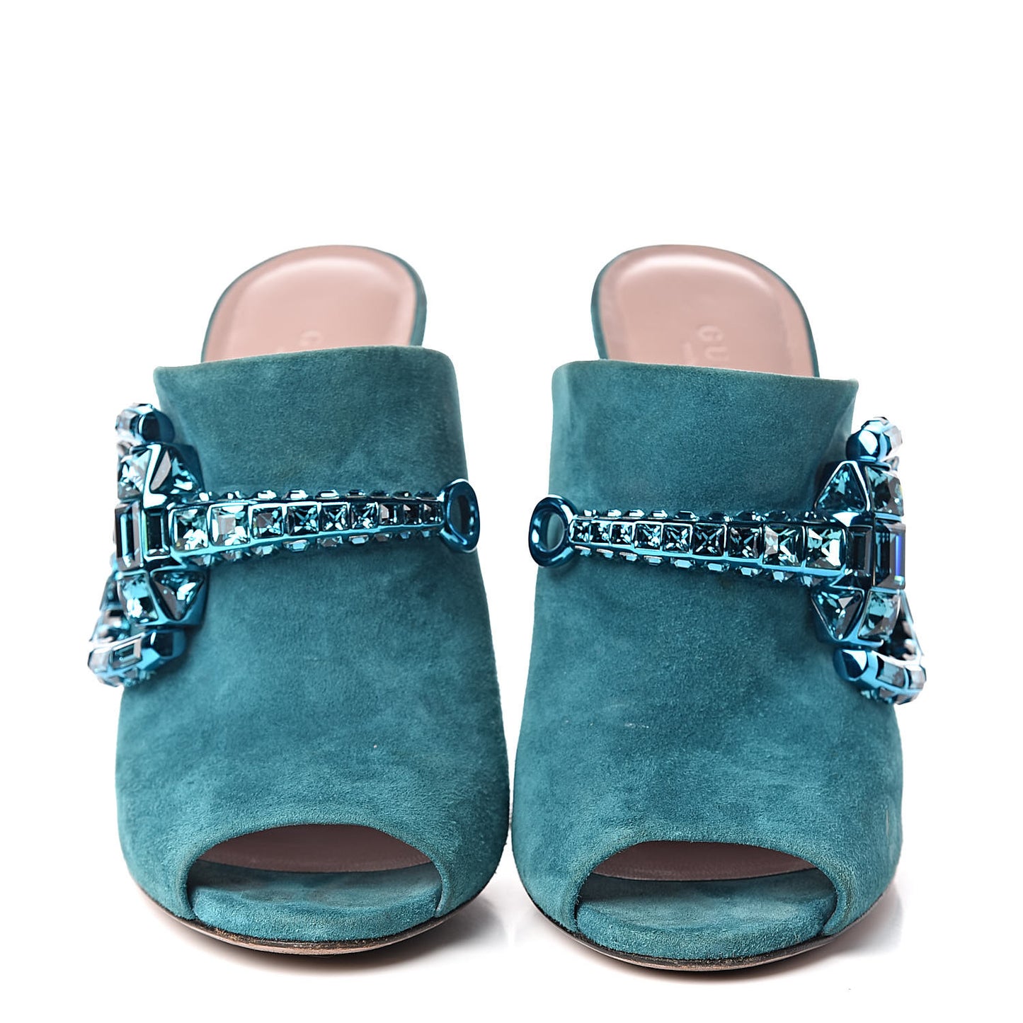 Suede Crystal Maxine Horsebit High Heel Slides 38 Dusty Turquoise