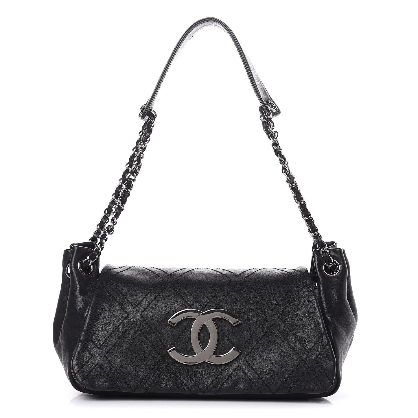 Calfskin Diamond Stitch Accordion Flap Black