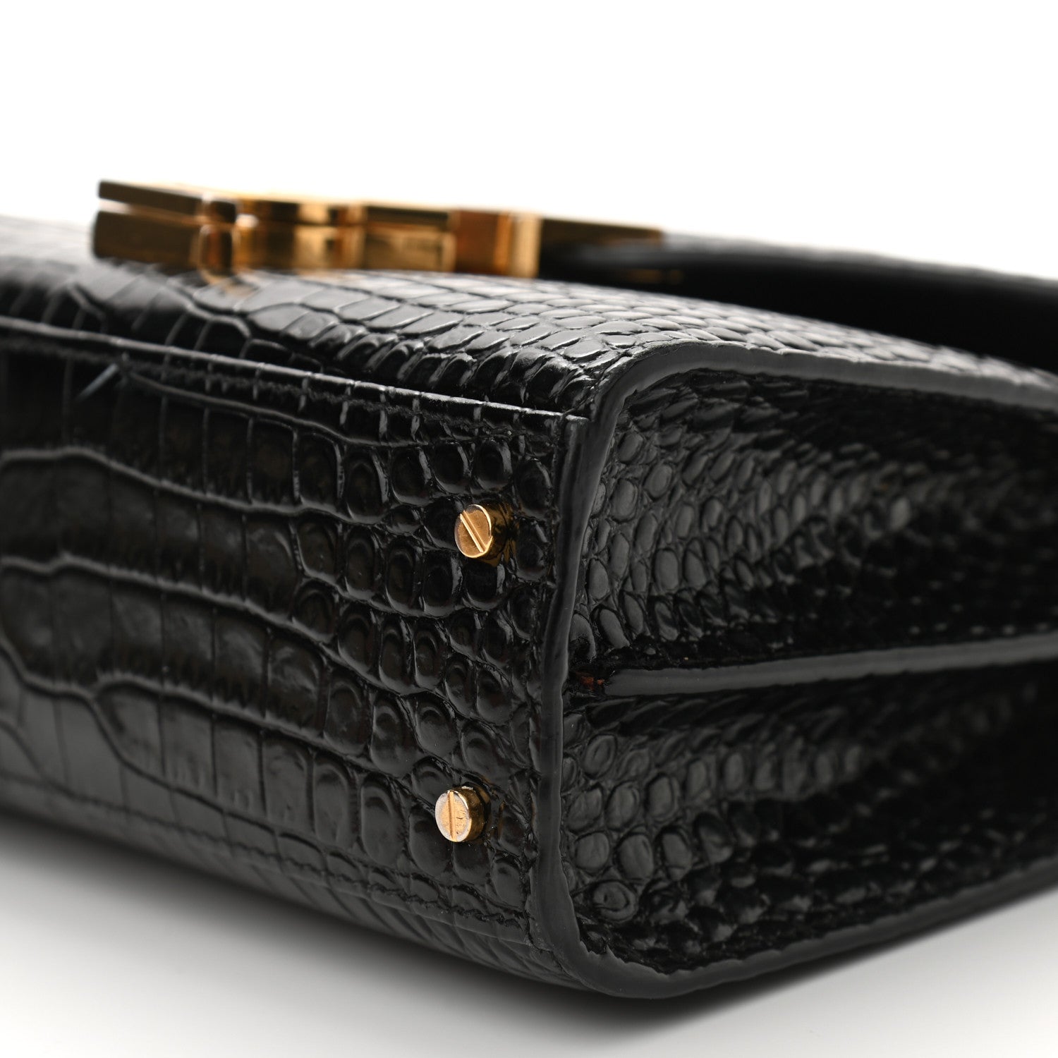 Saint Laurent Calfskin Crocodile Embossed Mini Classic Monogram Cassandra Top Handle Black 9 of 12