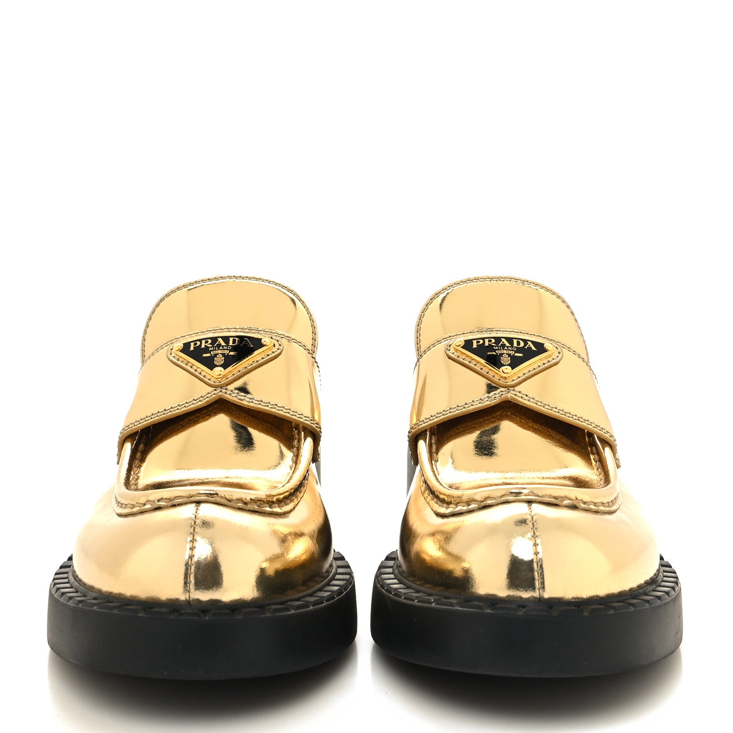 Prada Metallic Brushed Calfskin Metal Triangle Logo 50mm Loafers 39 Platino 2 of 10