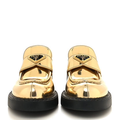 Prada Metallic Brushed Calfskin Metal Triangle Logo 50mm Loafers 39 Platino 2 of 10