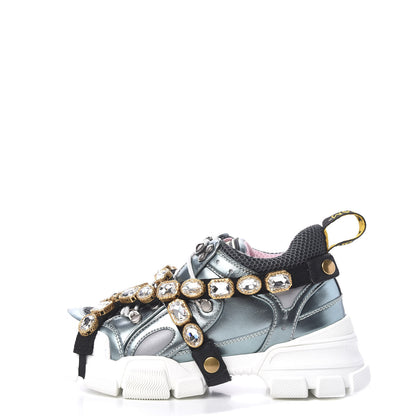 Gucci X SEGA Metallic Calfskin Removable Crystals Womens Flashtrek Sneakers 37 Lago Loess Silver 1 of 9
