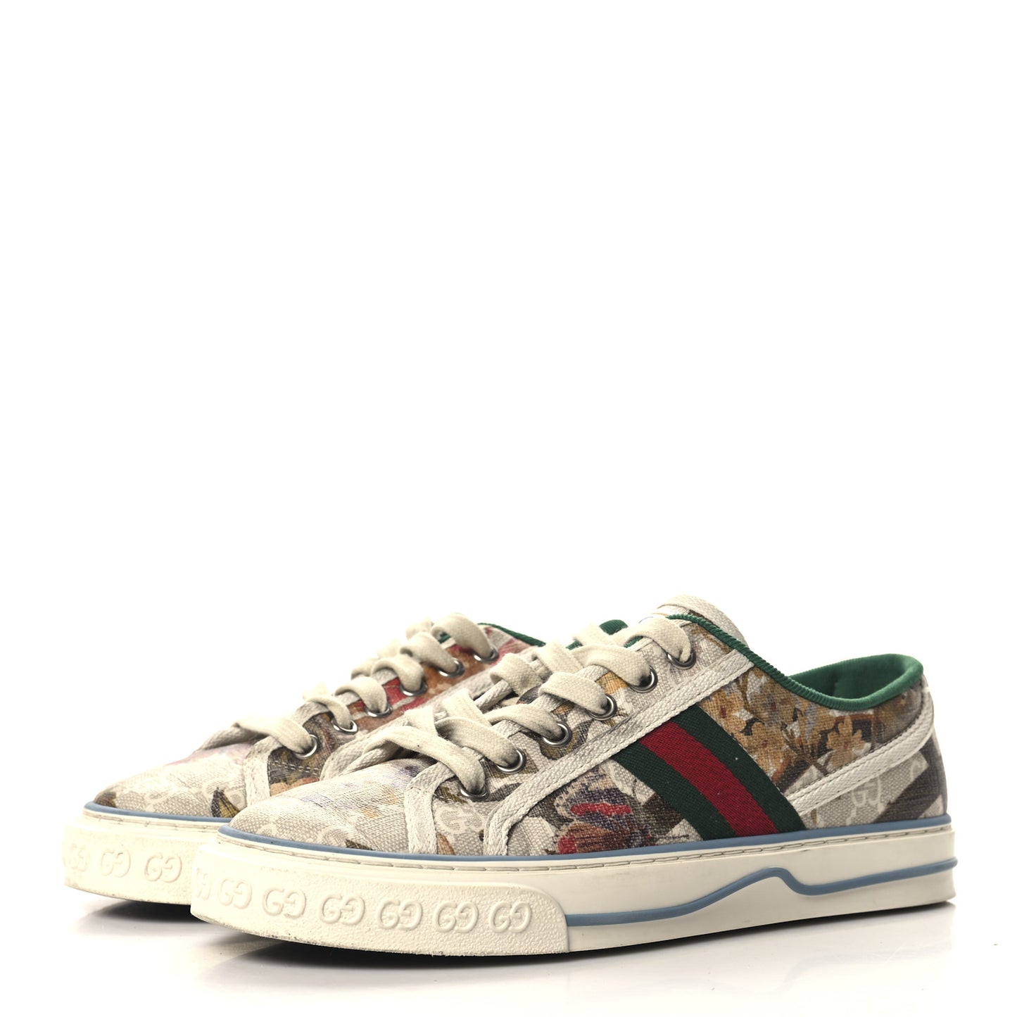 GG Supreme Monogram Water Flora Web Womens 1977 Tennis Sneakers 38.5 Beige Blue Multicolor Mystic White
