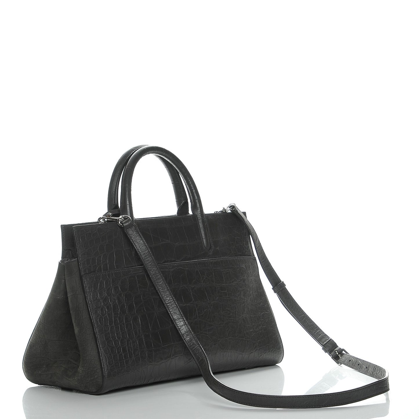 Calfskin Crocodile Embossed Suede Small Cabas Rive Gauche Dark Anthracite
